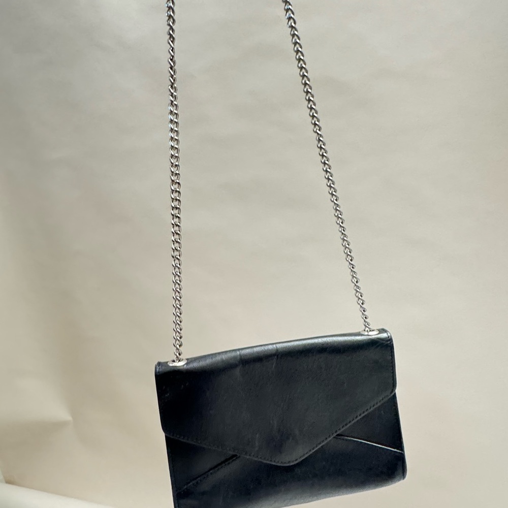 Barney's New York Sleek Black Leather Crossbody Bag with Chain Strap
